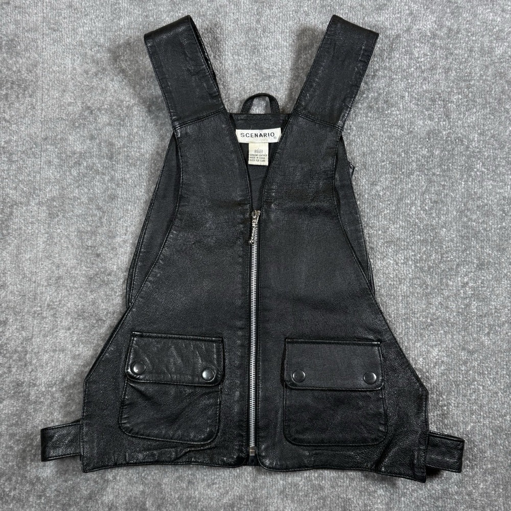Vintage Leather Utility Vest Black Side Snaps Back Pockets Full Zip Biker